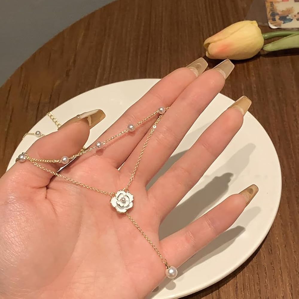 Layered Pearl & Camellia Drop Necklace