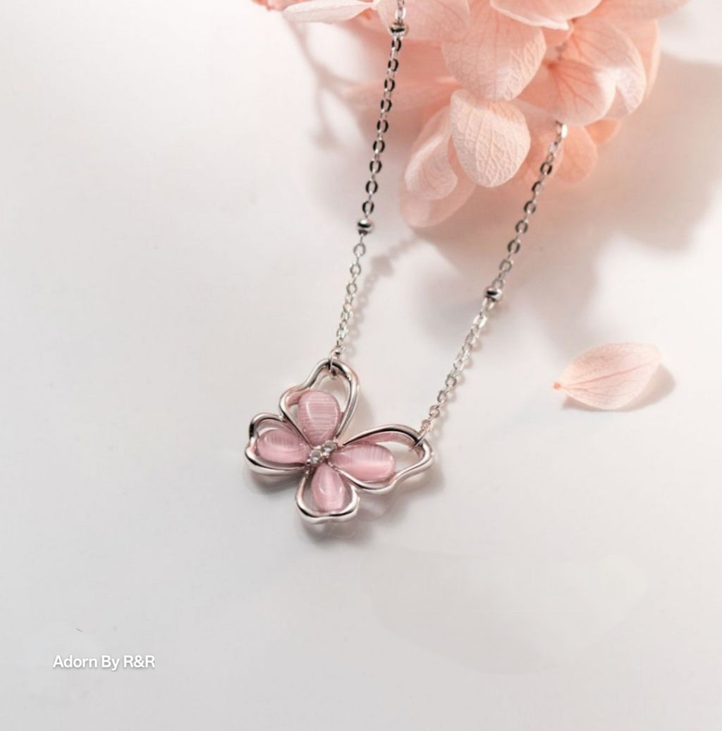 Pink Cat's Eye Butterfly Necklace