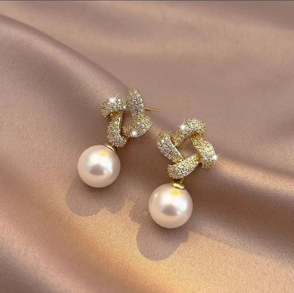 Celeste Crystal Knot Pearl Drop Earrings