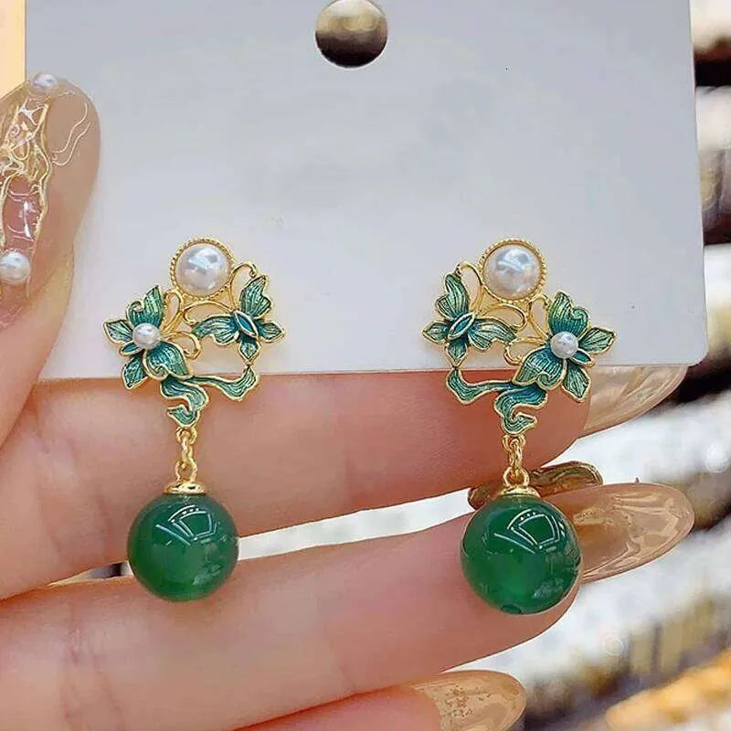 Emerald Bloom Pearl Drop Earrings