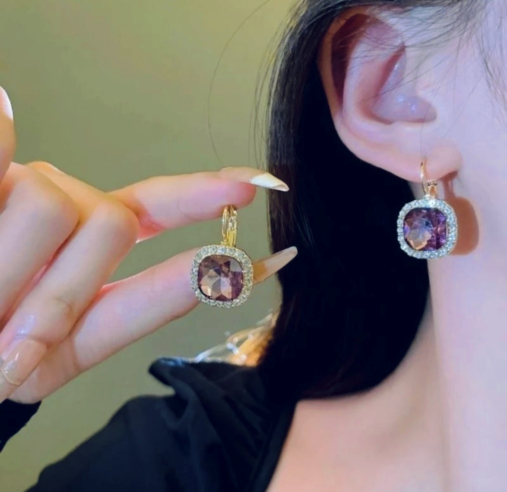 Pink Cushion Cut Crystal Drop Earrings
