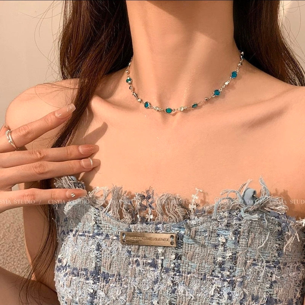 Aqua Butterfly & Blue Crystal Layered Necklace Set