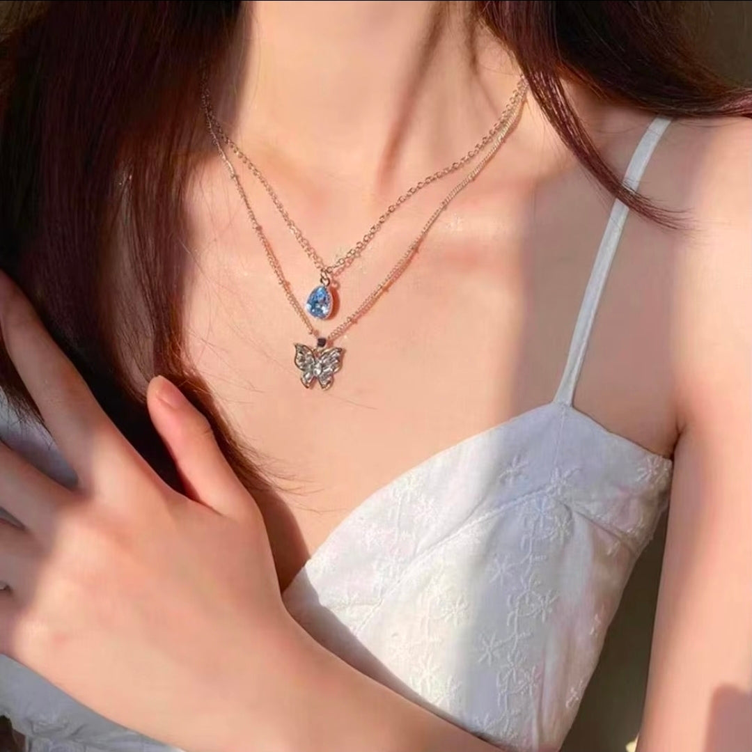 Celestial Butterfly & Blue Teardrop Layered Necklace