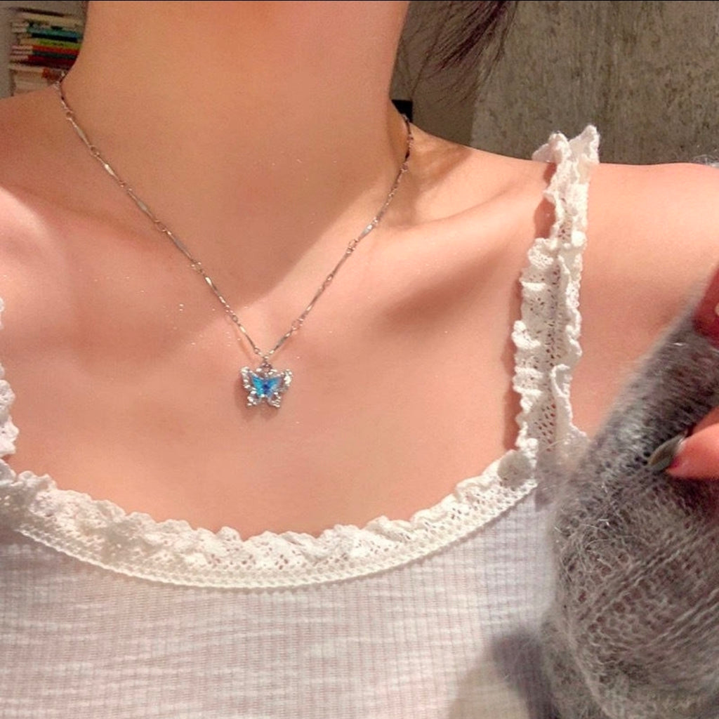 Aqua Butterfly & Blue Crystal Layered Necklace Set
