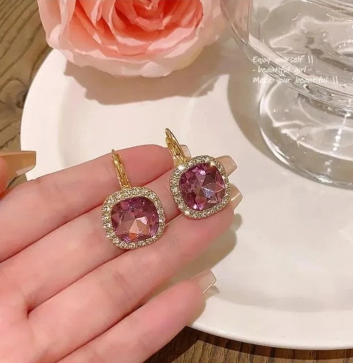 Pink Cushion Cut Crystal Drop Earrings