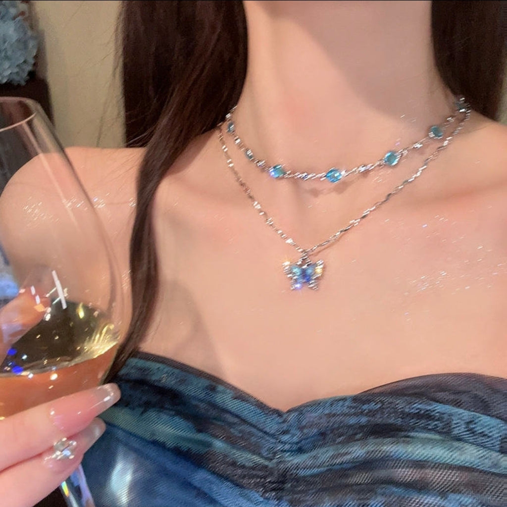 Aqua Butterfly & Blue Crystal Layered Necklace Set