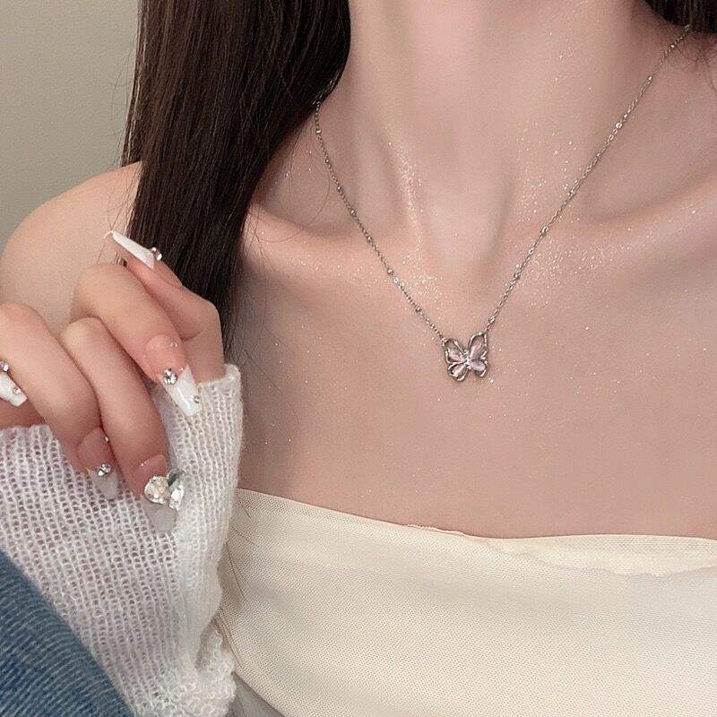 Pink Cat's Eye Butterfly Necklace