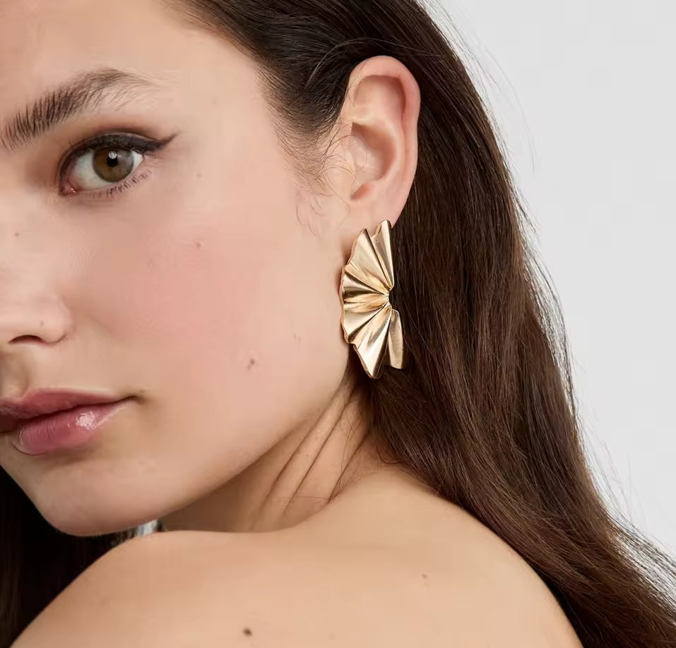 Sculptural Gold Fan Stud Earrings