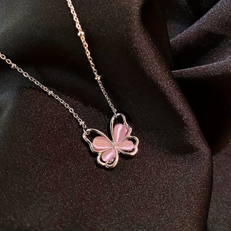 Pink Cat's Eye Butterfly Necklace