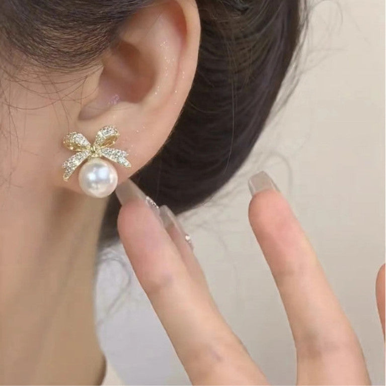 Celeste Crystal Bow Pearl Stud