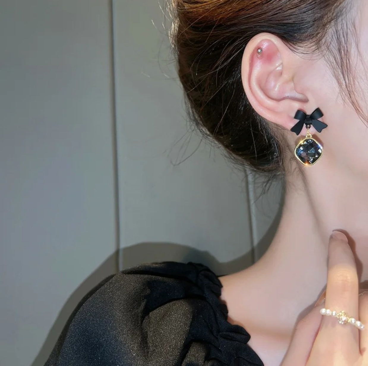 Black Bow Crystal Drop Earrings