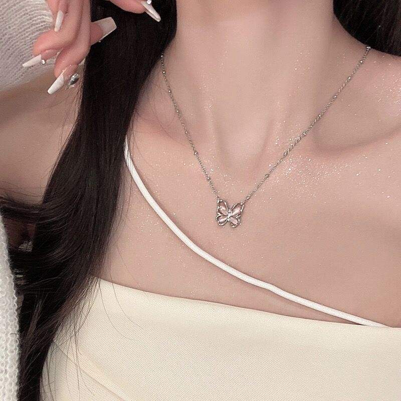 Pink Cat's Eye Butterfly Necklace