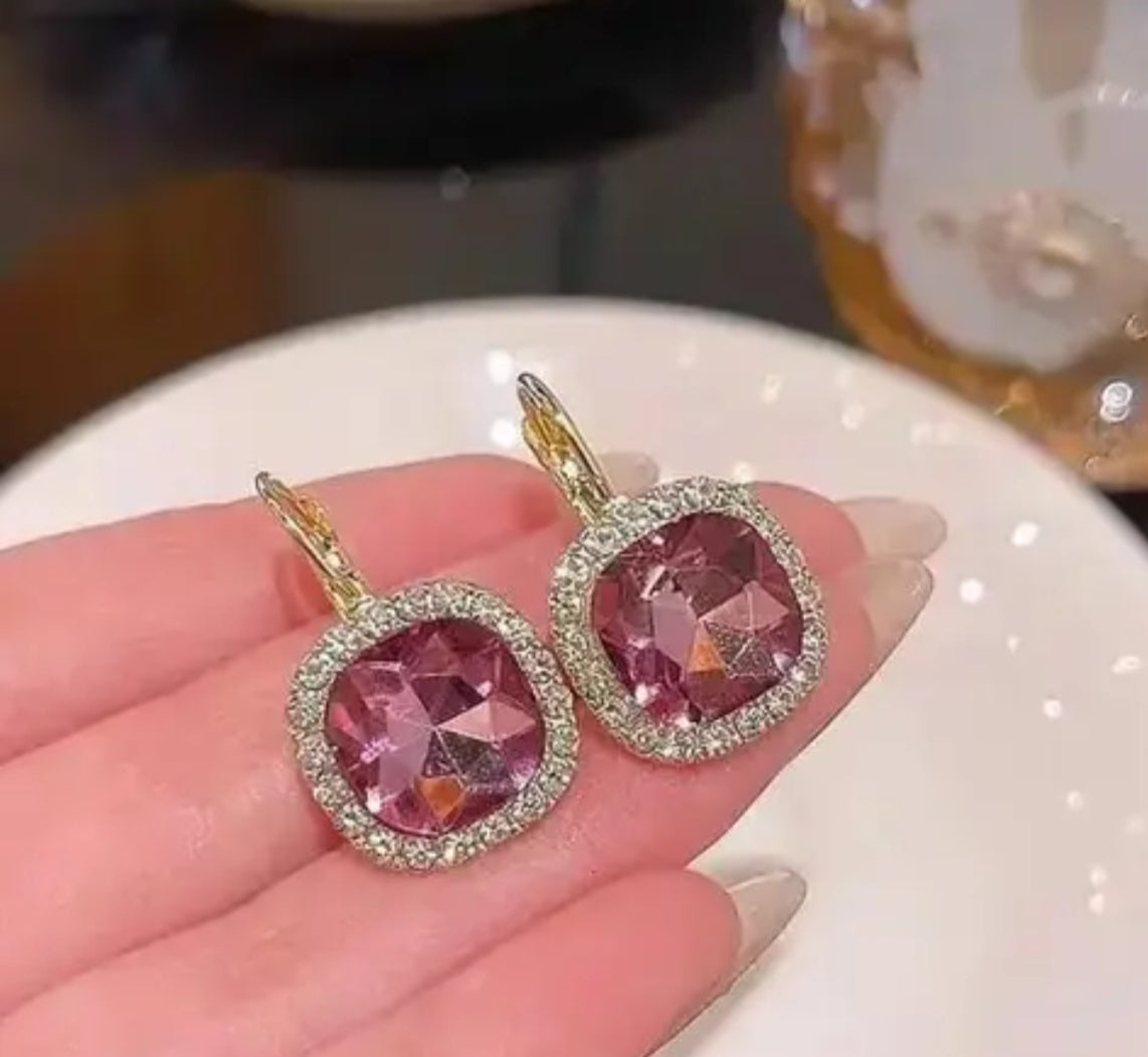 Pink Cushion Cut Crystal Drop Earrings