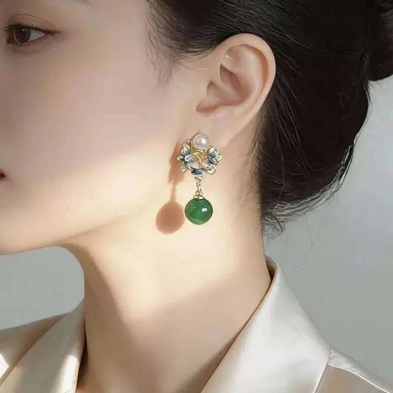 Emerald Bloom Pearl Drop Earrings