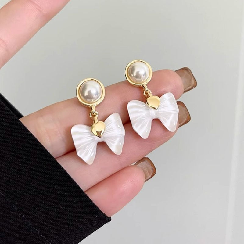 Pearl Bow Charm Earrings