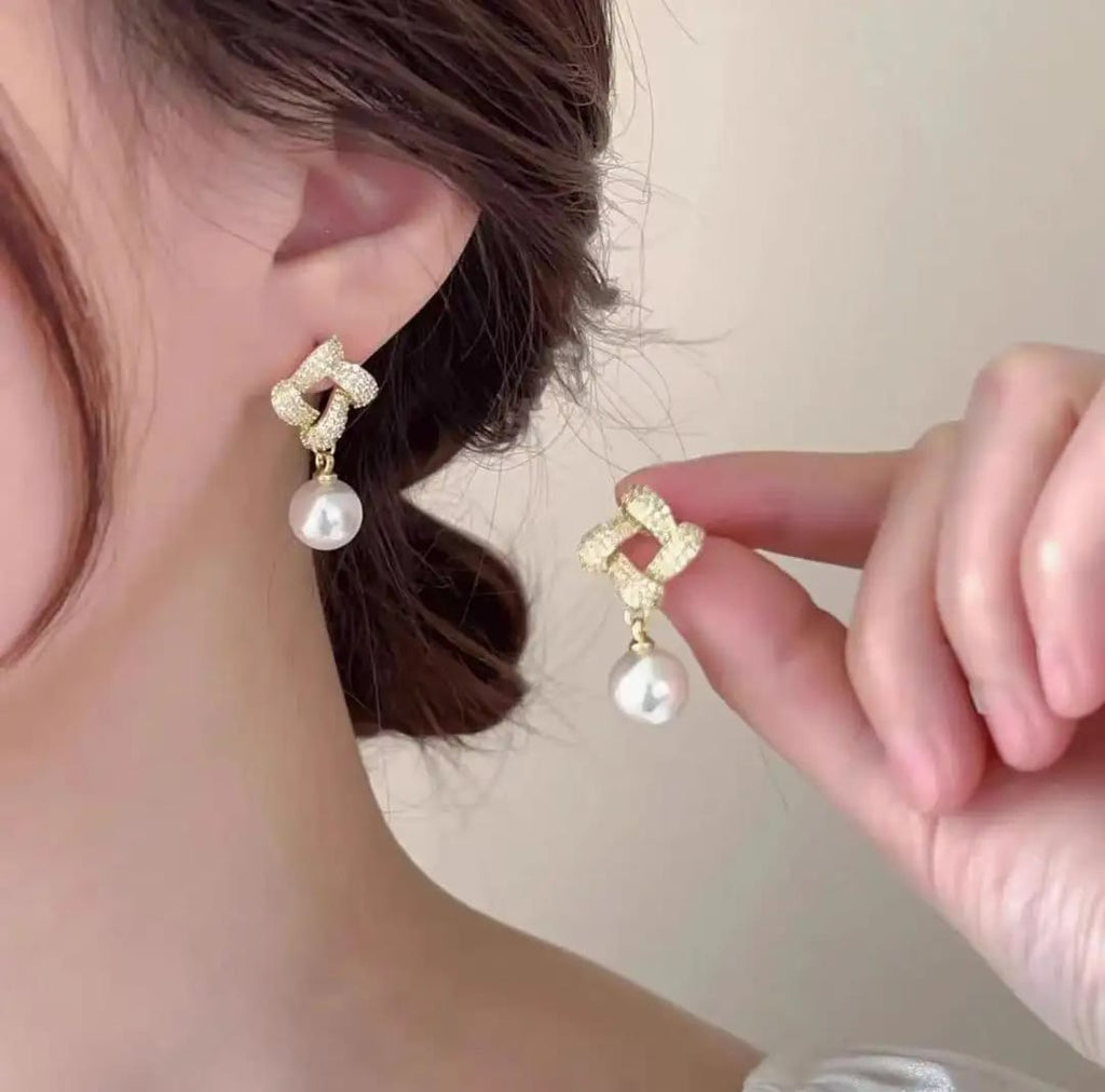 Celeste Crystal Knot Pearl Drop Earrings