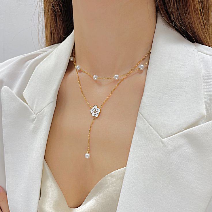 Layered Pearl & Camellia Drop Necklace
