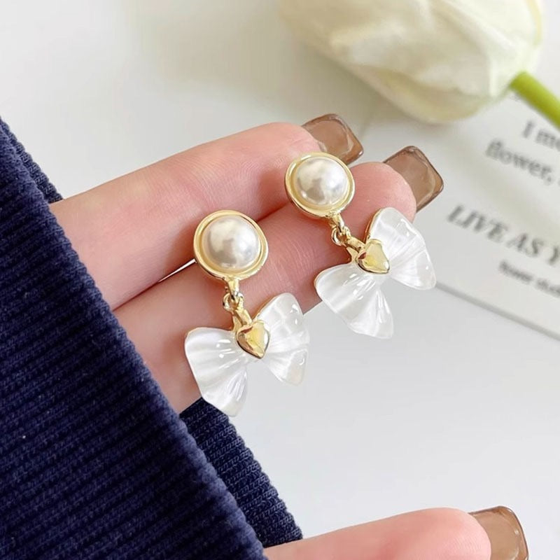 Pearl Bow Charm Earrings