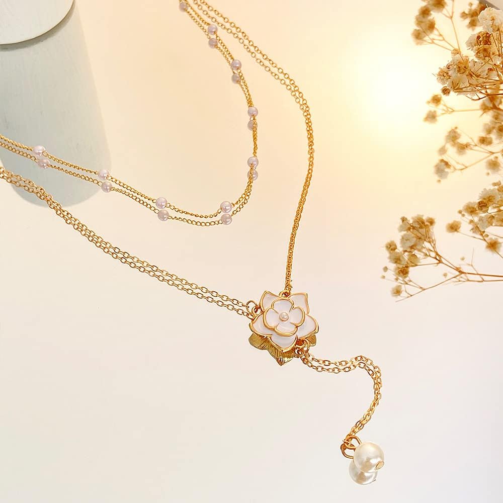 Layered Pearl & Camellia Drop Necklace