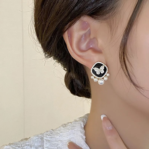 Black and Pearl Butterfly Stud Earrings