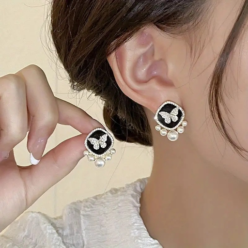 Black and Pearl Butterfly Stud Earrings