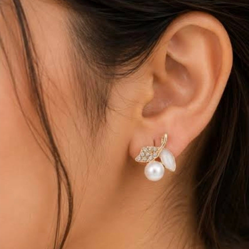 Celeste Crystal Pearl Leaf Stud Earrings