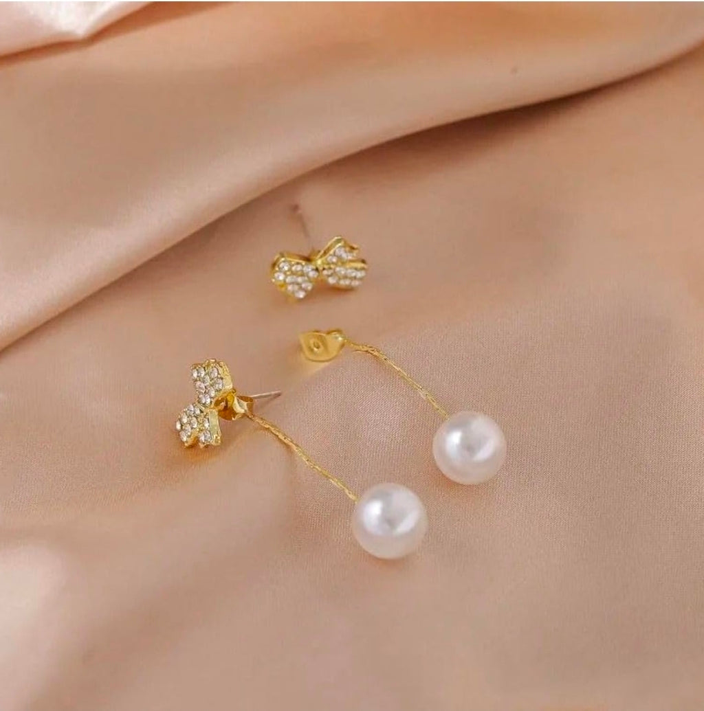 Crystal Bow Pearl Drop Earrings