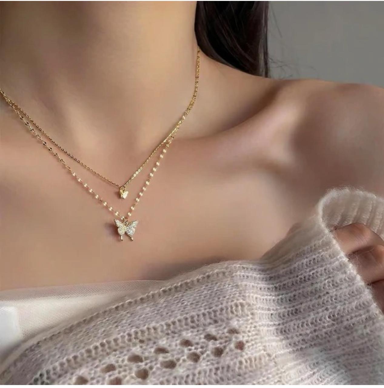 Layered Butterfly and Heart Necklace