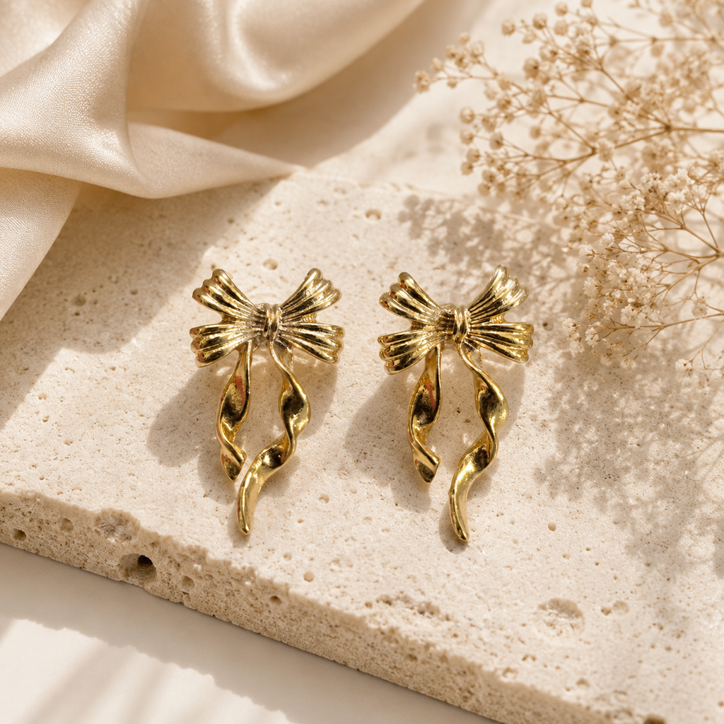 Golden Bow Ribbon Drop Earrings
