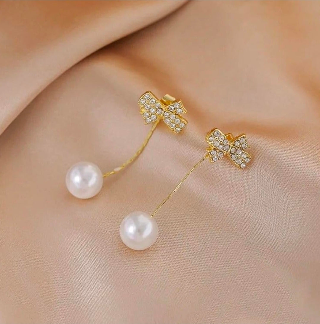 Crystal Bow Pearl Drop Earrings