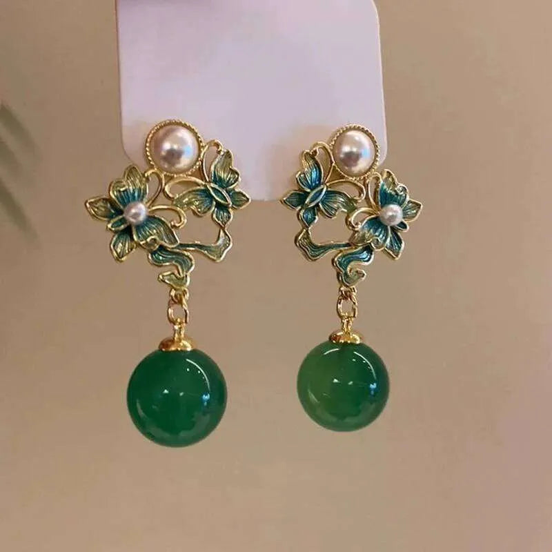 Emerald Bloom Pearl Drop Earrings