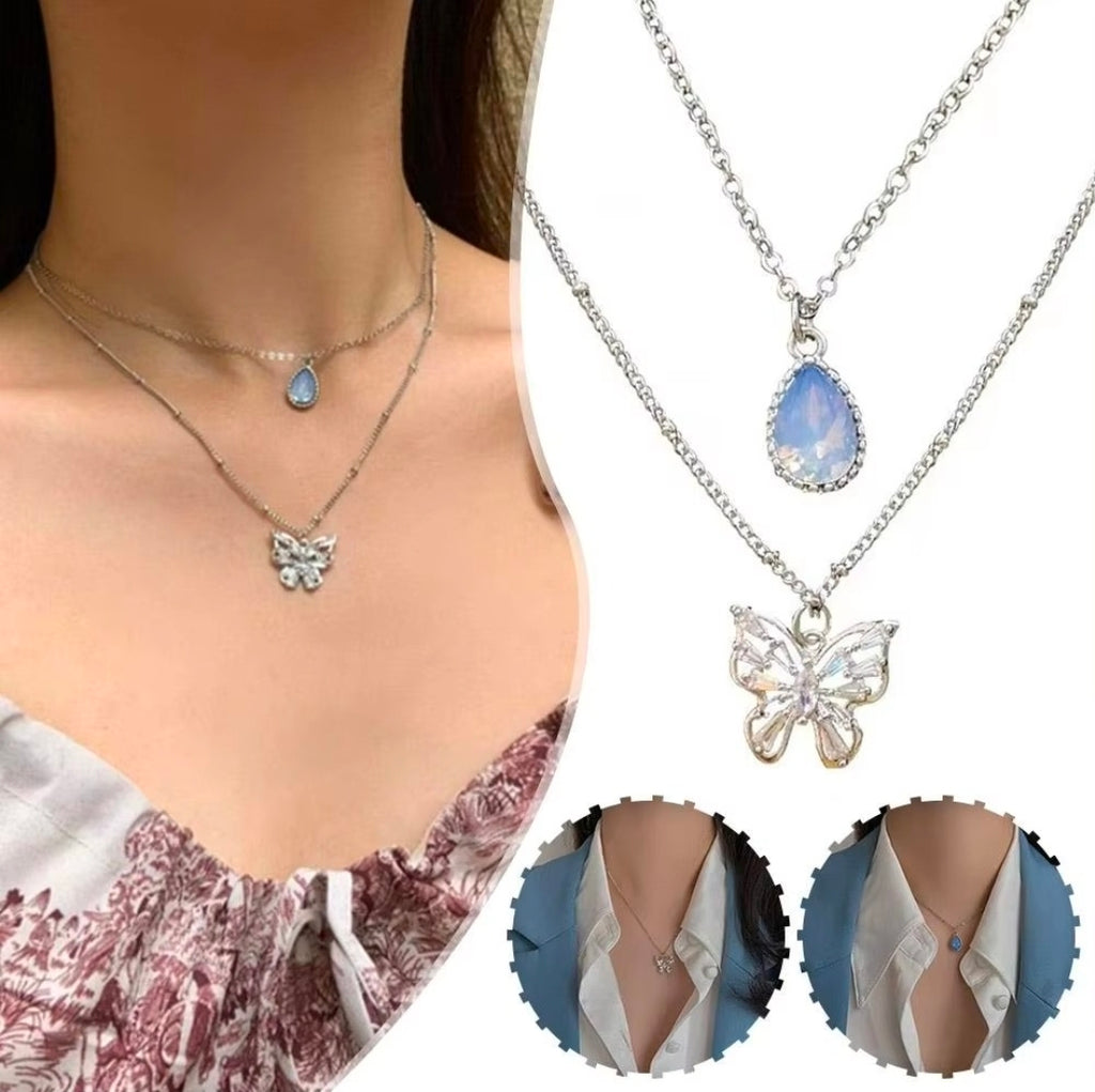 Celestial Butterfly & Blue Teardrop Layered Necklace