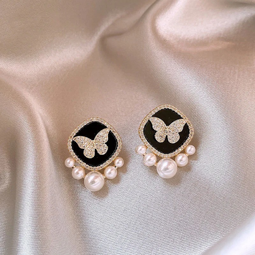Black and Pearl Butterfly Stud Earrings