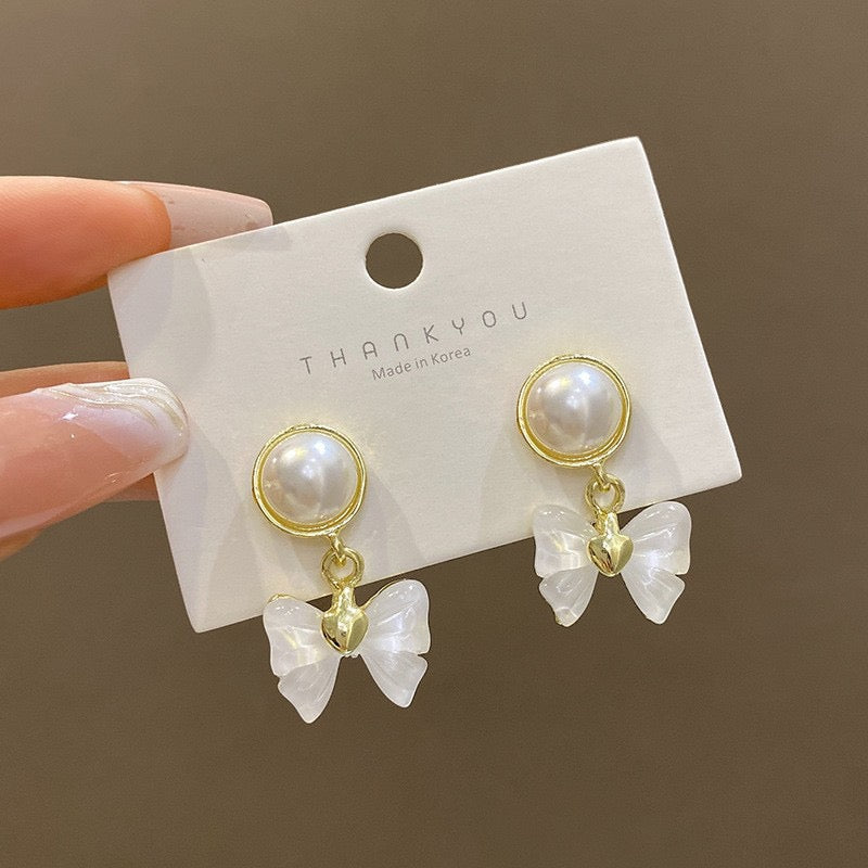 Pearl Bow Charm Earrings