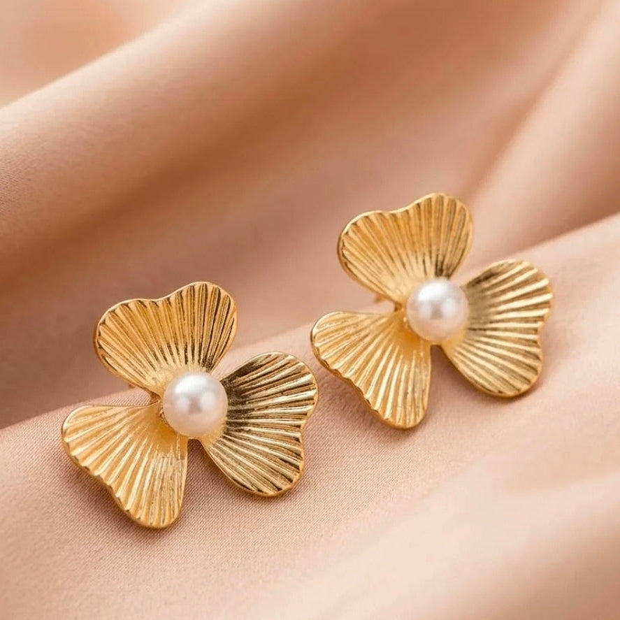 Golden Petal Pearl Stud Earrings