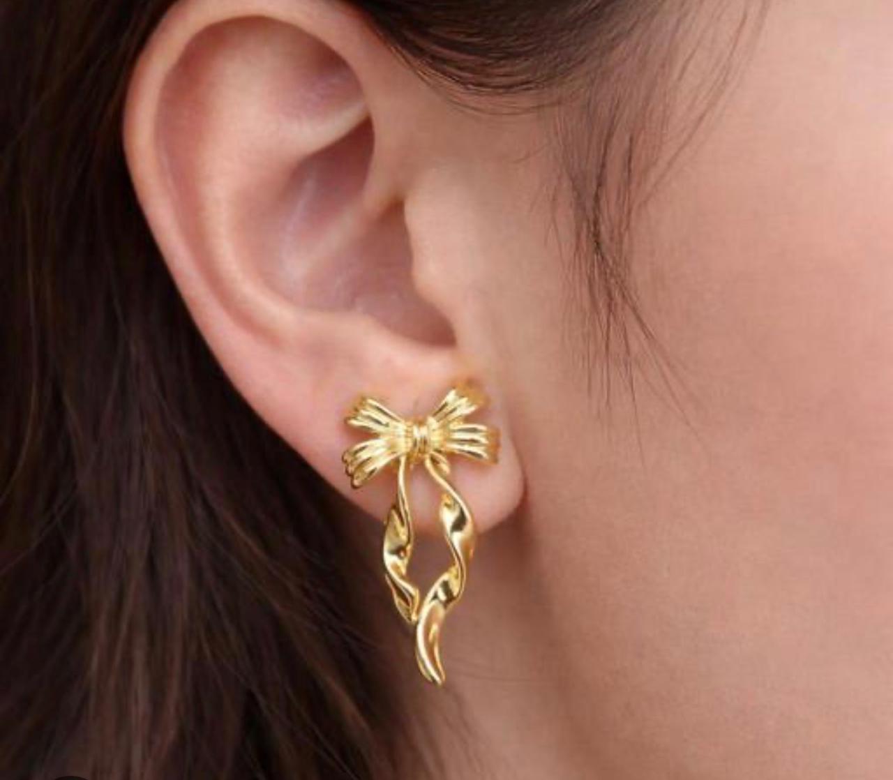 Golden Bow Ribbon Drop Earrings