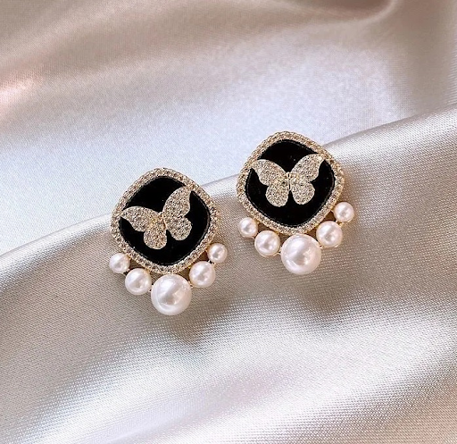 Black and Pearl Butterfly Stud Earrings