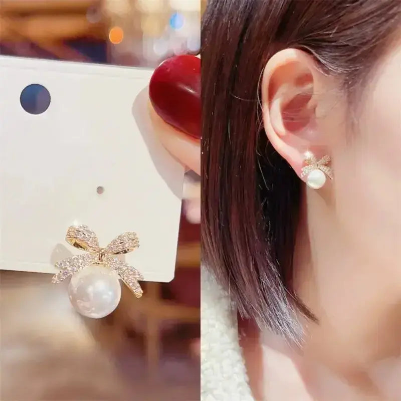 Celeste Crystal Bow Pearl Stud