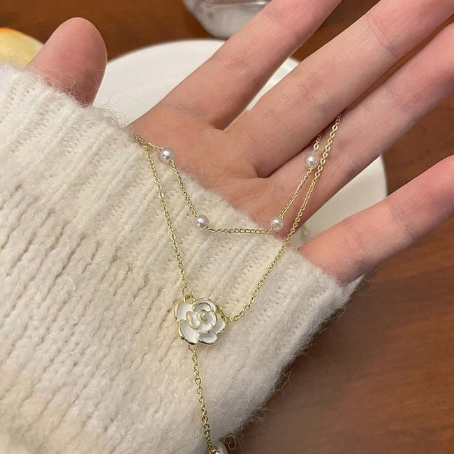 Layered Pearl & Camellia Drop Necklace