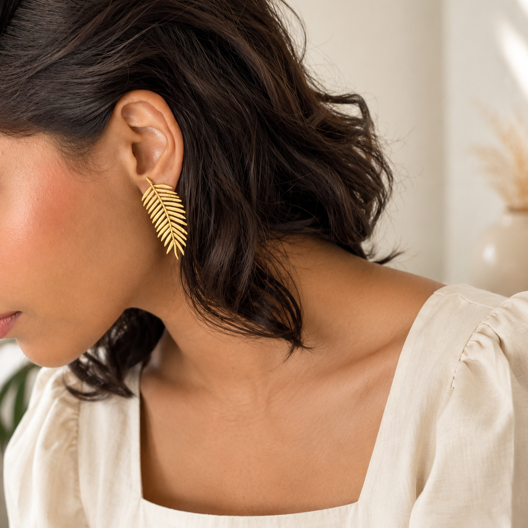 Golden Palm Leaf Anti-Tarnish Earrings
