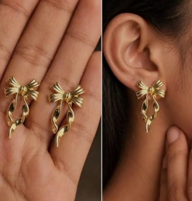 Golden Bow Ribbon Drop Earrings