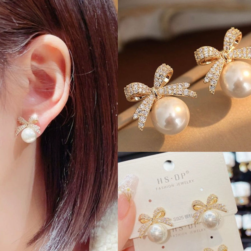 Celeste Crystal Bow Pearl Stud