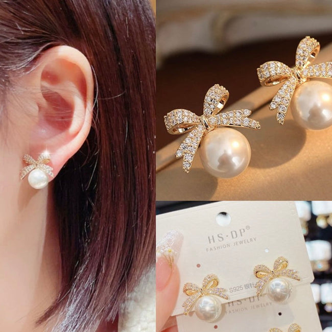 Celeste Crystal Bow Pearl Stud