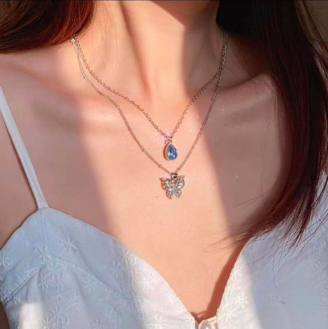 Celestial Butterfly & Blue Teardrop Layered Necklace