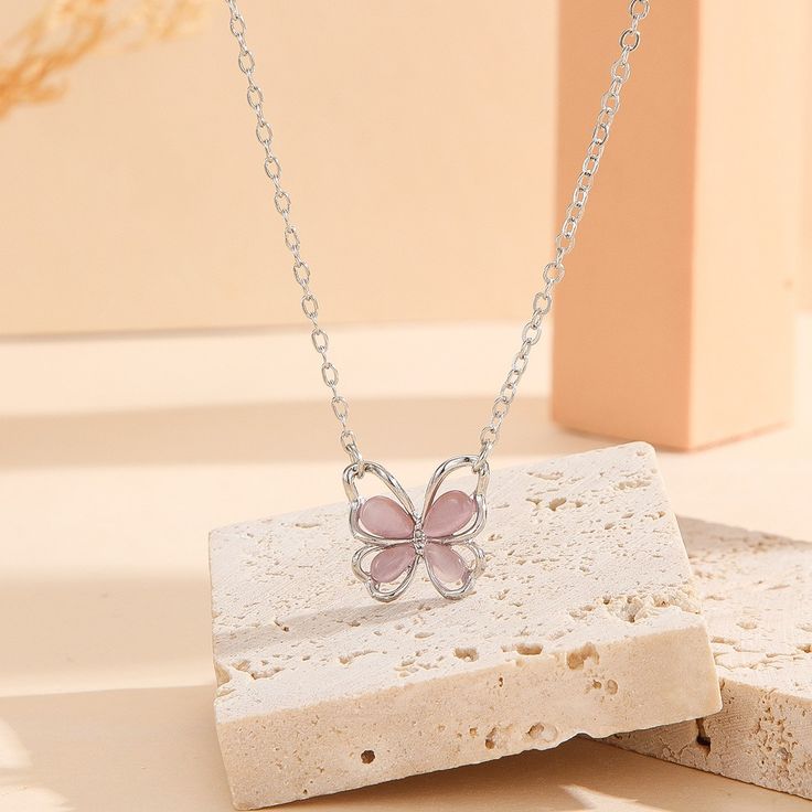 Pink Cat's Eye Butterfly Necklace