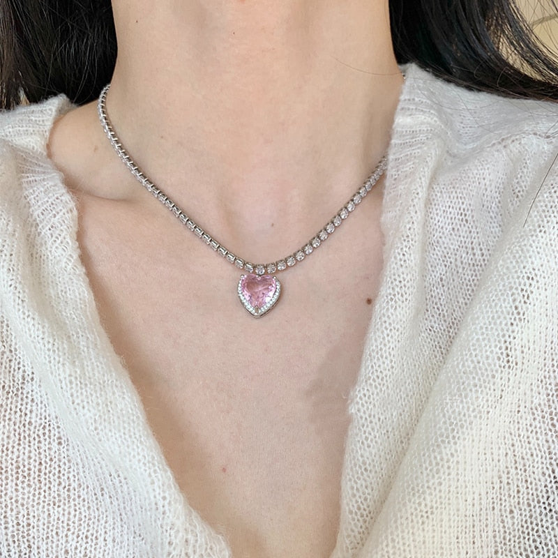 Rhinestone Pink Heart Necklace