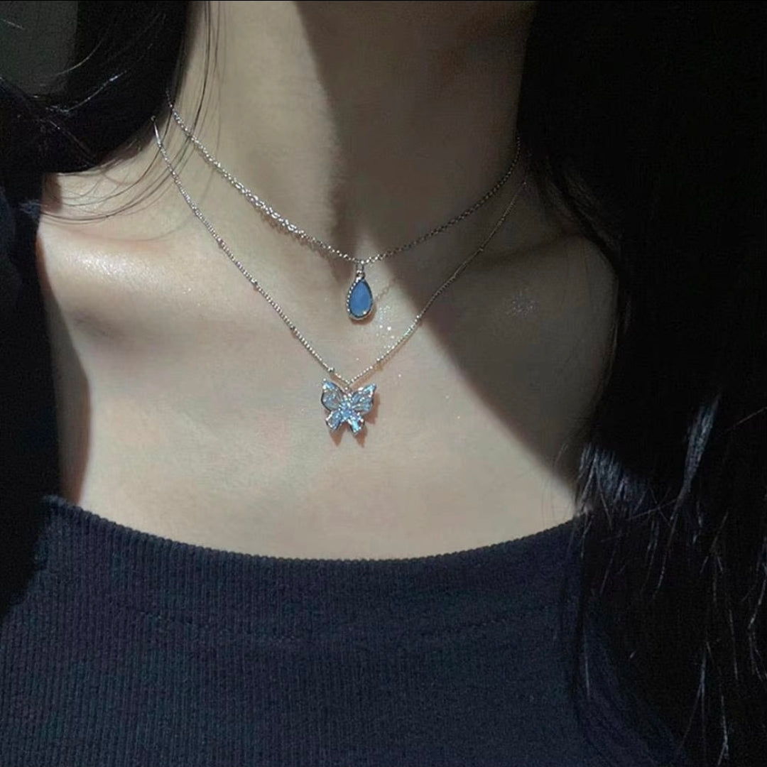 Celestial Butterfly & Blue Teardrop Layered Necklace