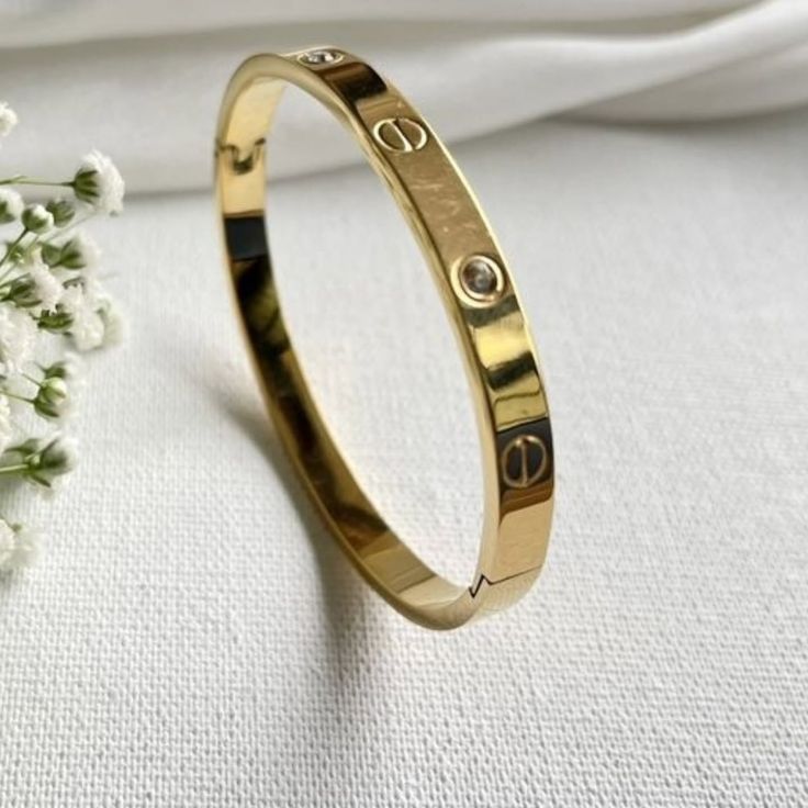 Inspired Luxury Screw Bangle with Crystals - Gold Plated Bracelet"