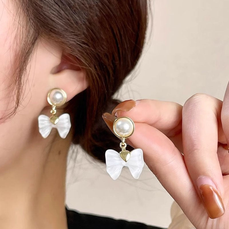 Pearl Bow Charm Earrings