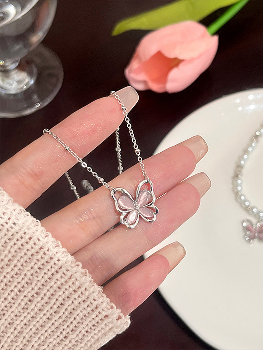 Pink Cat's Eye Butterfly Necklace